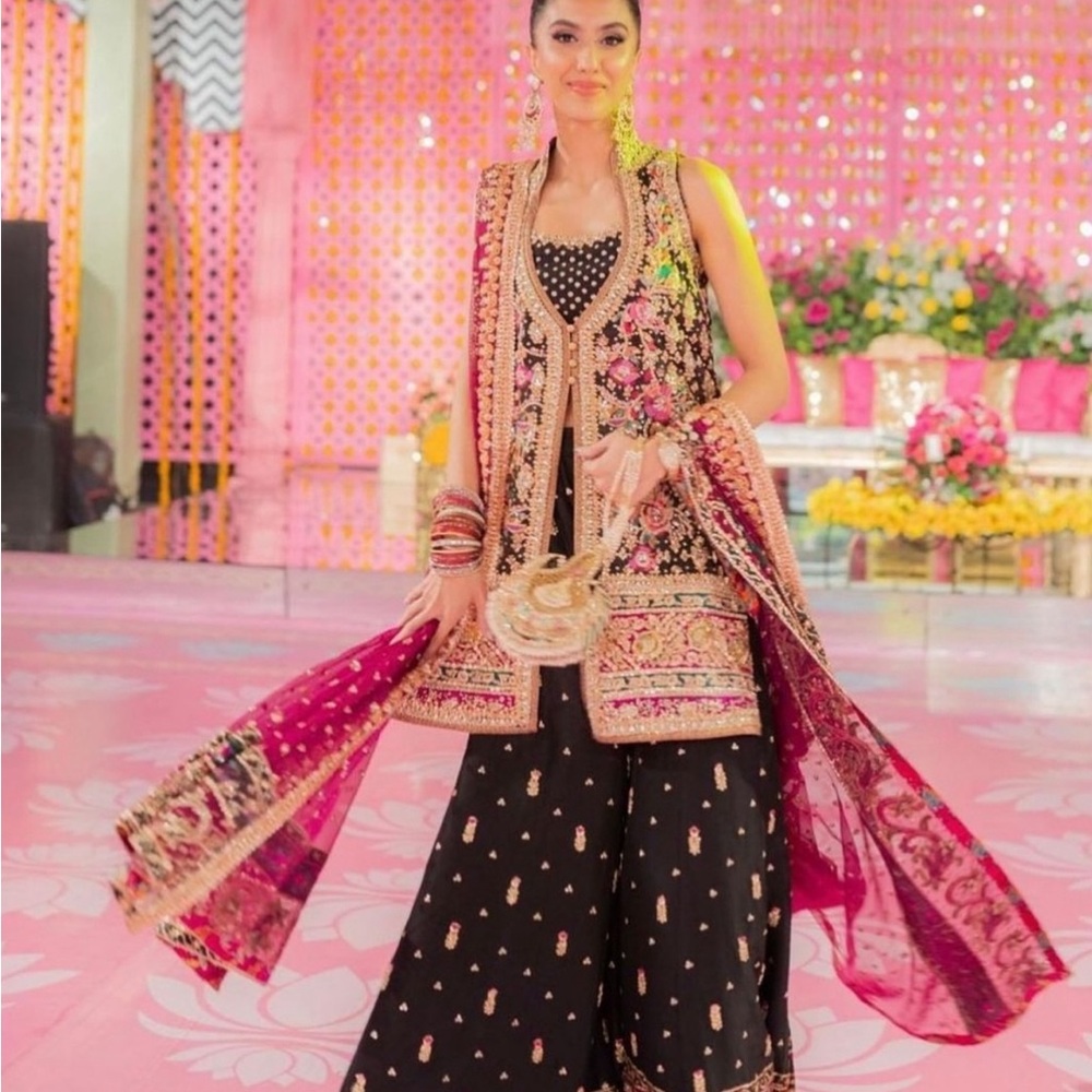 Elegant Black and Pink Embroidered Wedding Dress by Farrah Talib Aziz